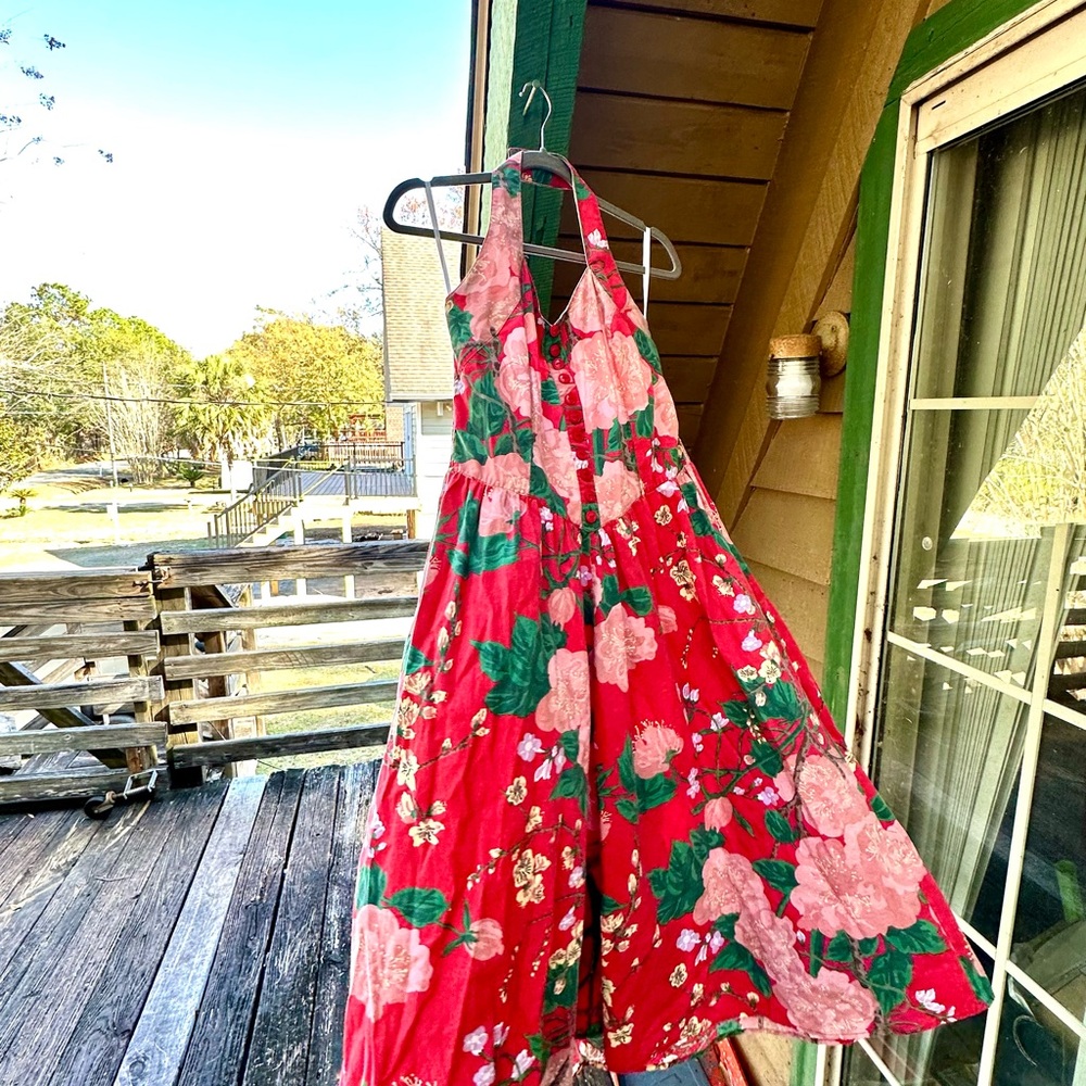 True Vintage 80s Floral Halter Maxi Dress with smocked back and adjustable neck